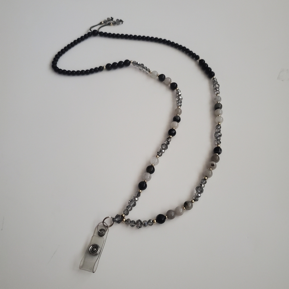 Black Tourmaline and Quartz Beaded ID Lanyard